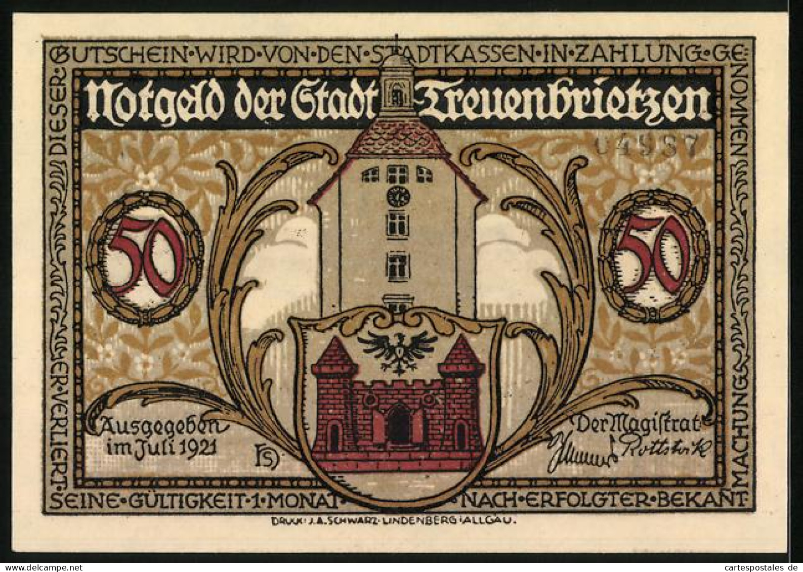 Notgeld Treuenbrietzen 1921, 50 Pfennig, Ortsansicht Mit S. Maria Kirche, Rathaus Und S. Nicolai Kirche  - [11] Emisiones Locales