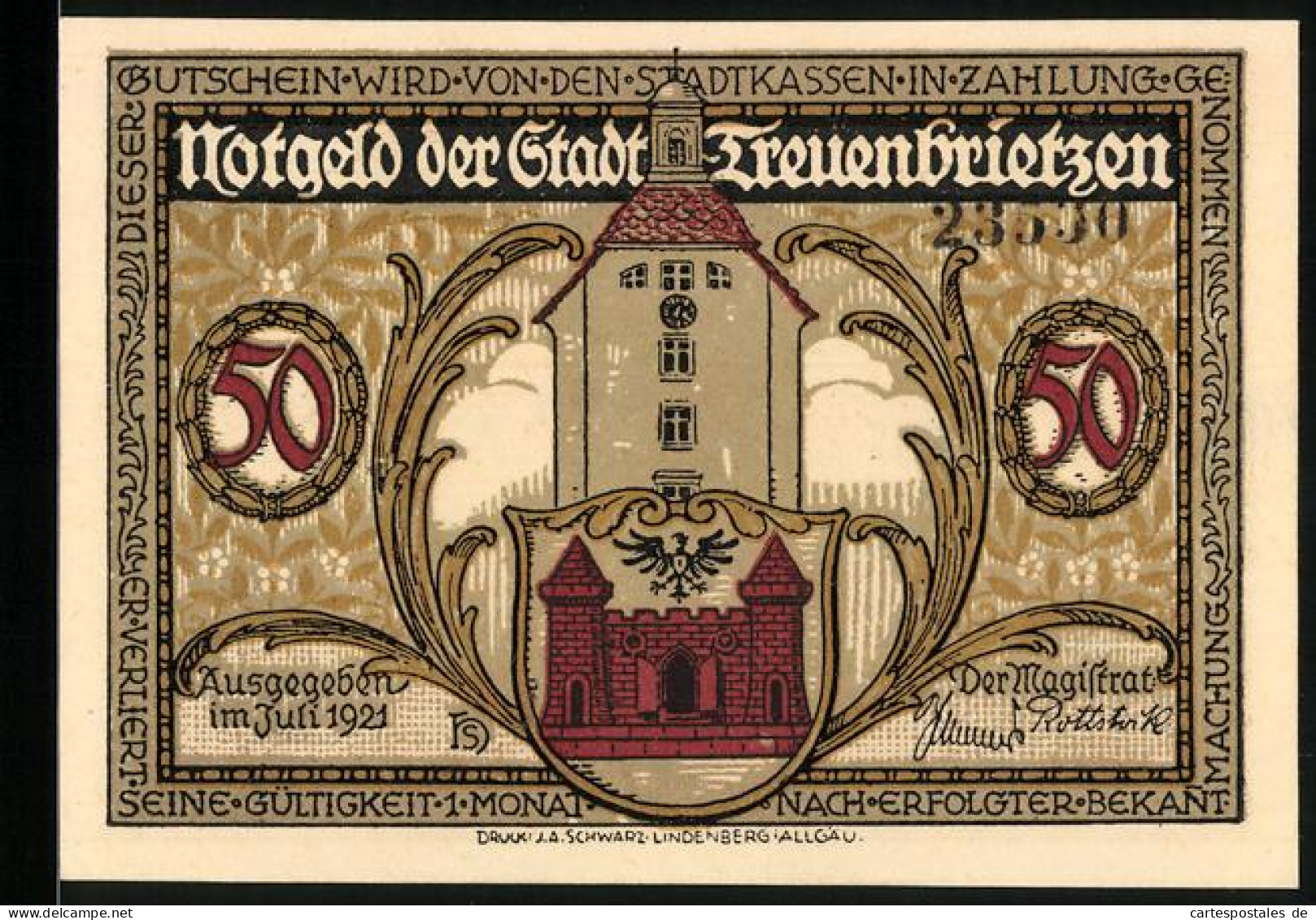 Notgeld Treuenbrietzen 1921, 50 Pfennig, Kurfürst Ludwig I Verleiht An Die Treuenbrietzener Bürgerschaft Landbesitz  - [11] Emisiones Locales