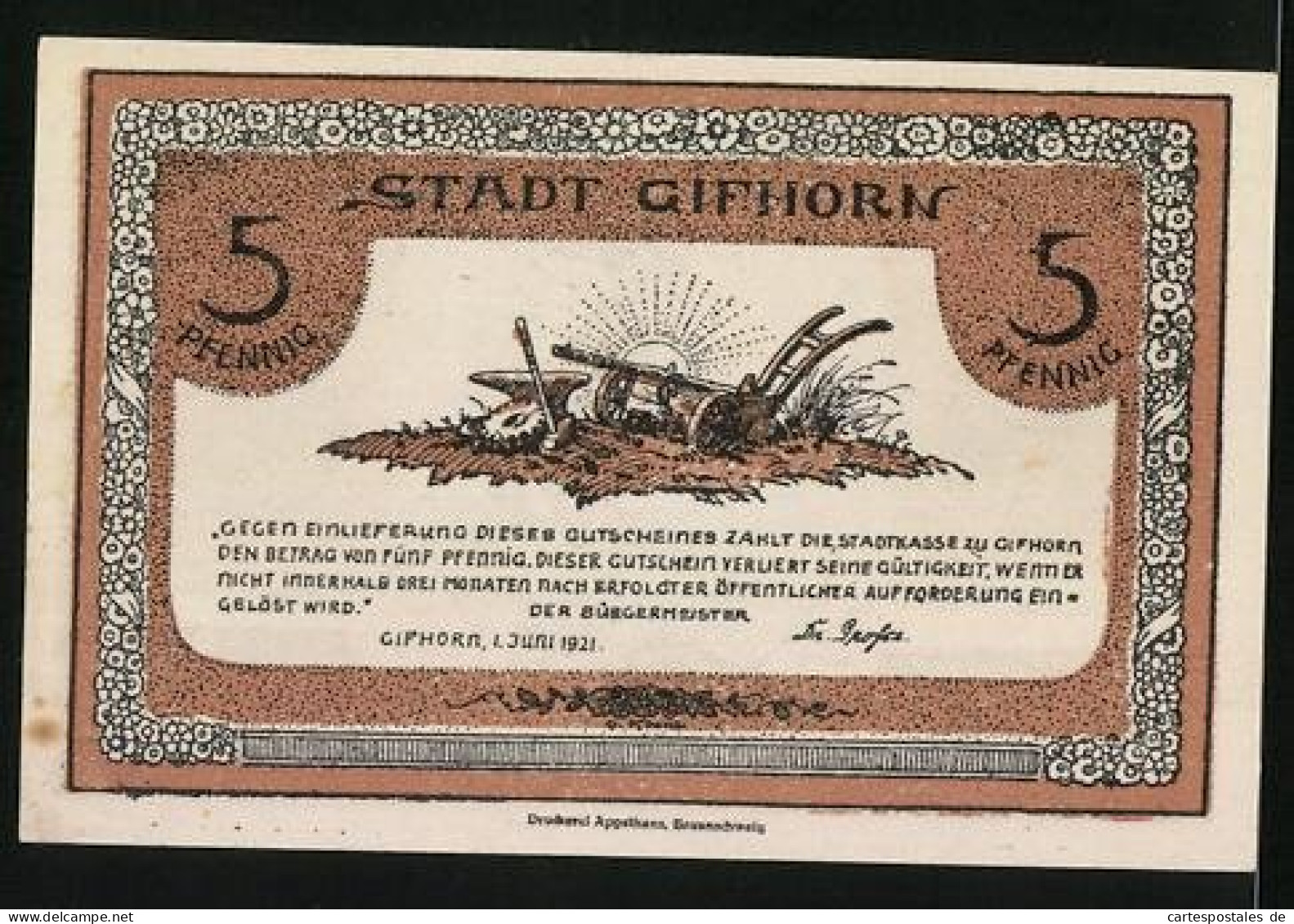 Notgeld Gifhorn 1921, 5 Pfennig, Karren Und Amboss, Bauer Mit Geldsäcken  - [11] Emisiones Locales