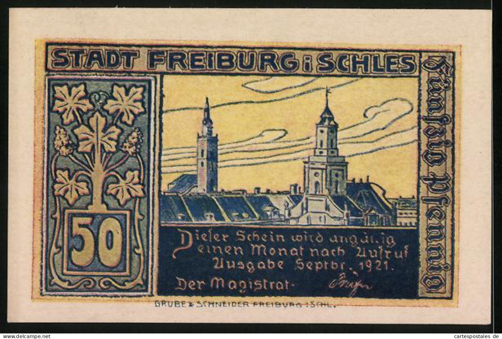 Notgeld Freiburg / Schlesien 1921, 50 Pfennig, Kirche Und Blick Auf Das Schloss Fürstenstein  - [11] Emisiones Locales