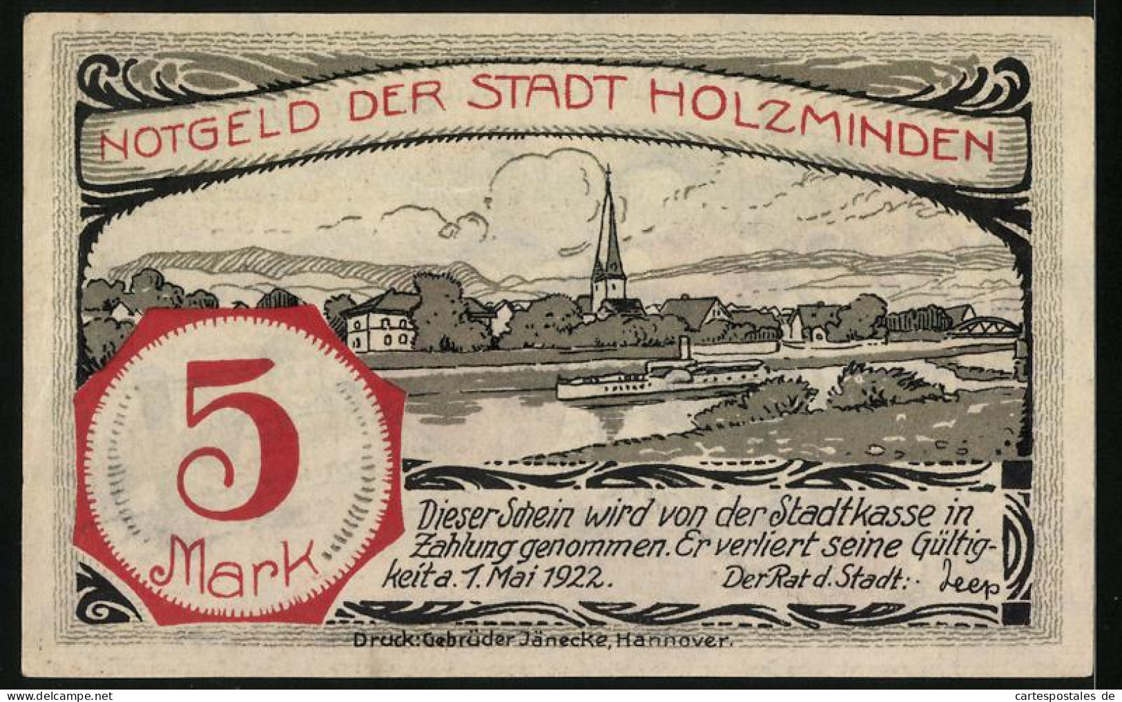 Notgeld Holzminden 1922, 5 Mark, Ortsansicht Und Szene Der Eingemeindung Altendorfs  - [11] Emisiones Locales
