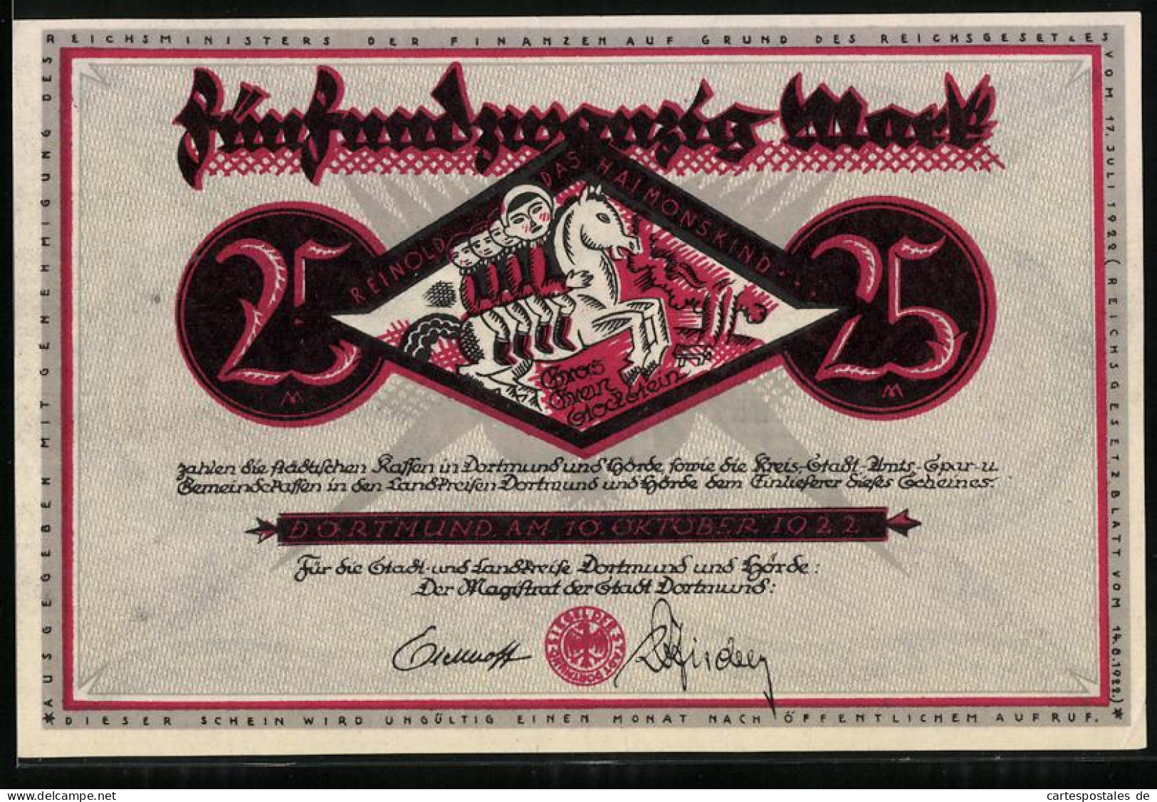 Notgeld Dortmund 1922, 25 Mark, Reinold Das Haimonskind Und Szene Mit Eiche  - [11] Emisiones Locales