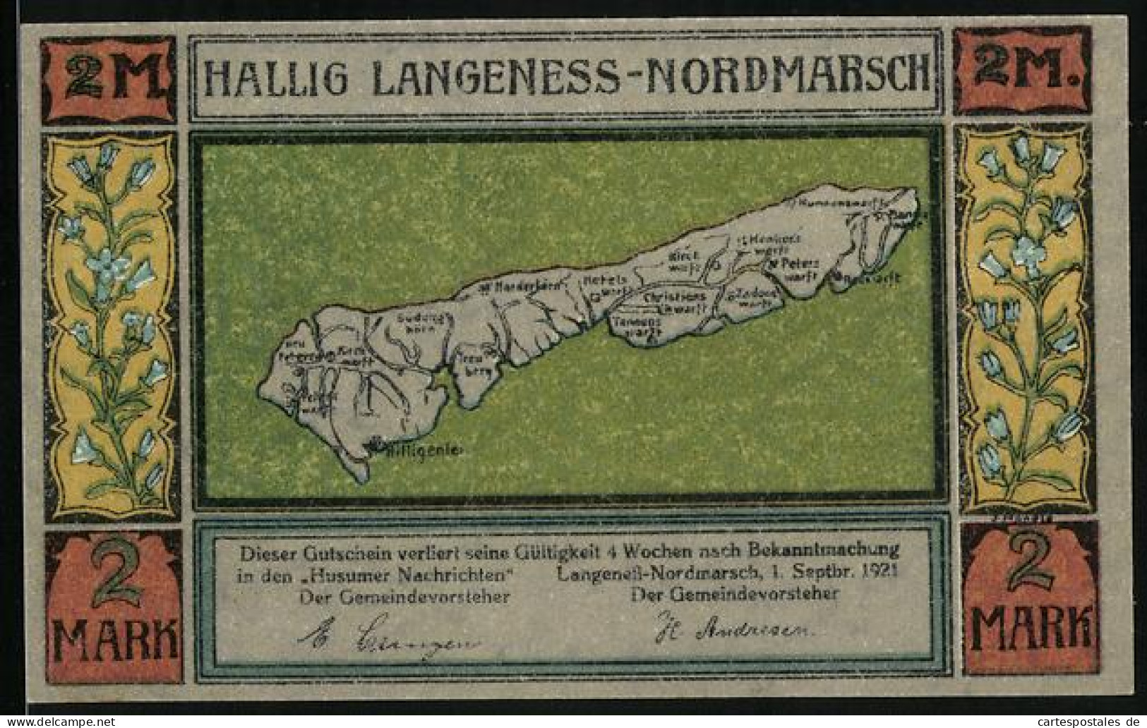 Notgeld Langeness-Nordmarsch 1921, 2 Mark, Hilligenlei Mit Segelboot Und Karte  - [11] Emisiones Locales