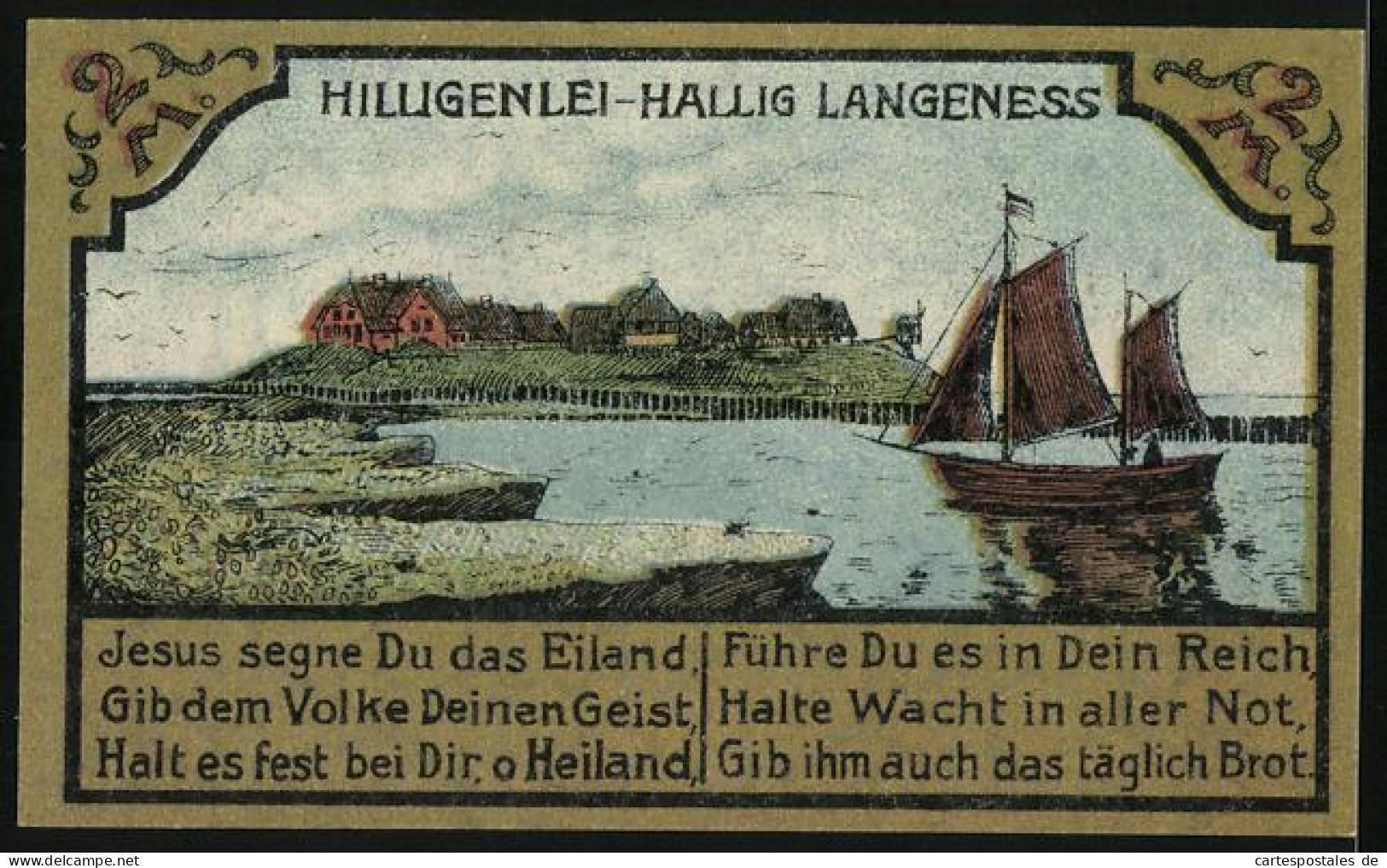 Notgeld Langeness-Nordmarsch 1921, 2 Mark, Hilligenlei Mit Segelboot Und Karte  - [11] Emisiones Locales