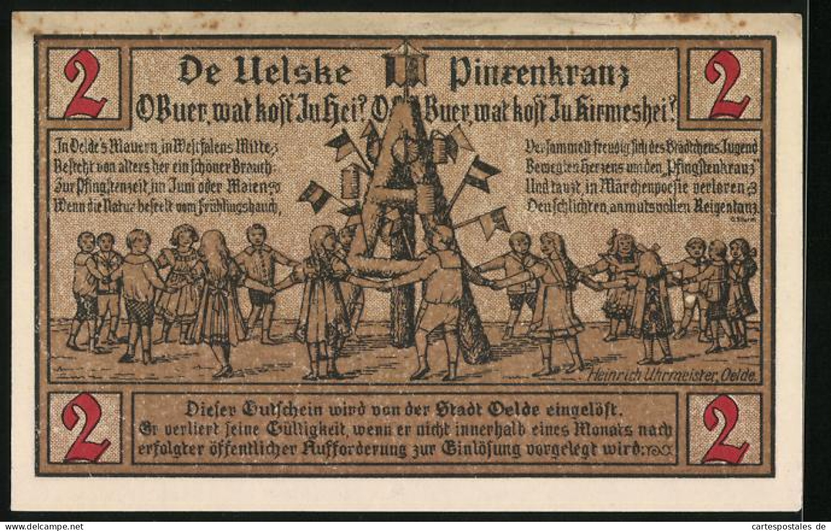 Notgeld Oelde 1920, 2 Mark, Wappen Und Szene Mit Pinzenkranz  - [11] Emisiones Locales