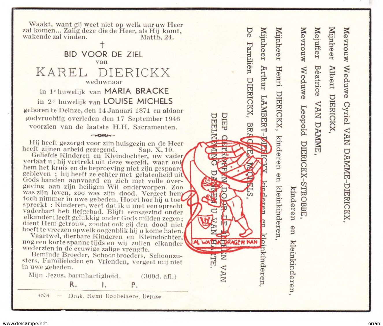 DP Karel Dierickx ° Deinze 1871 † 1946 X Maria Bracke Xx Louise Michels // Van Damme Strobbe Lambert - Devotieprenten