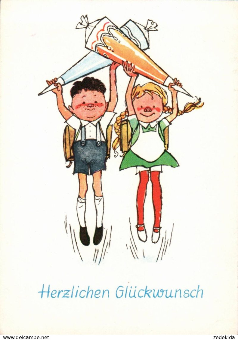 H1854 - Glückwunschkarte Schulanfang - Kinder Zuckertüte - Verlag Karl Marx Stadt DDR Grafik - Premier Jour D'école