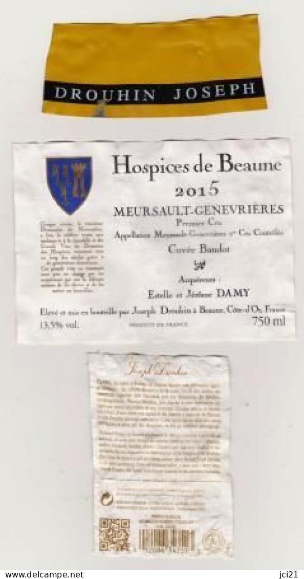 Etiquette Et Contre étiquette HOSPICES DE BEAUNE " MEURSAULT GENEVRIERES 2015 " Cuvée Baudot (031)_ev611 - Bourgogne