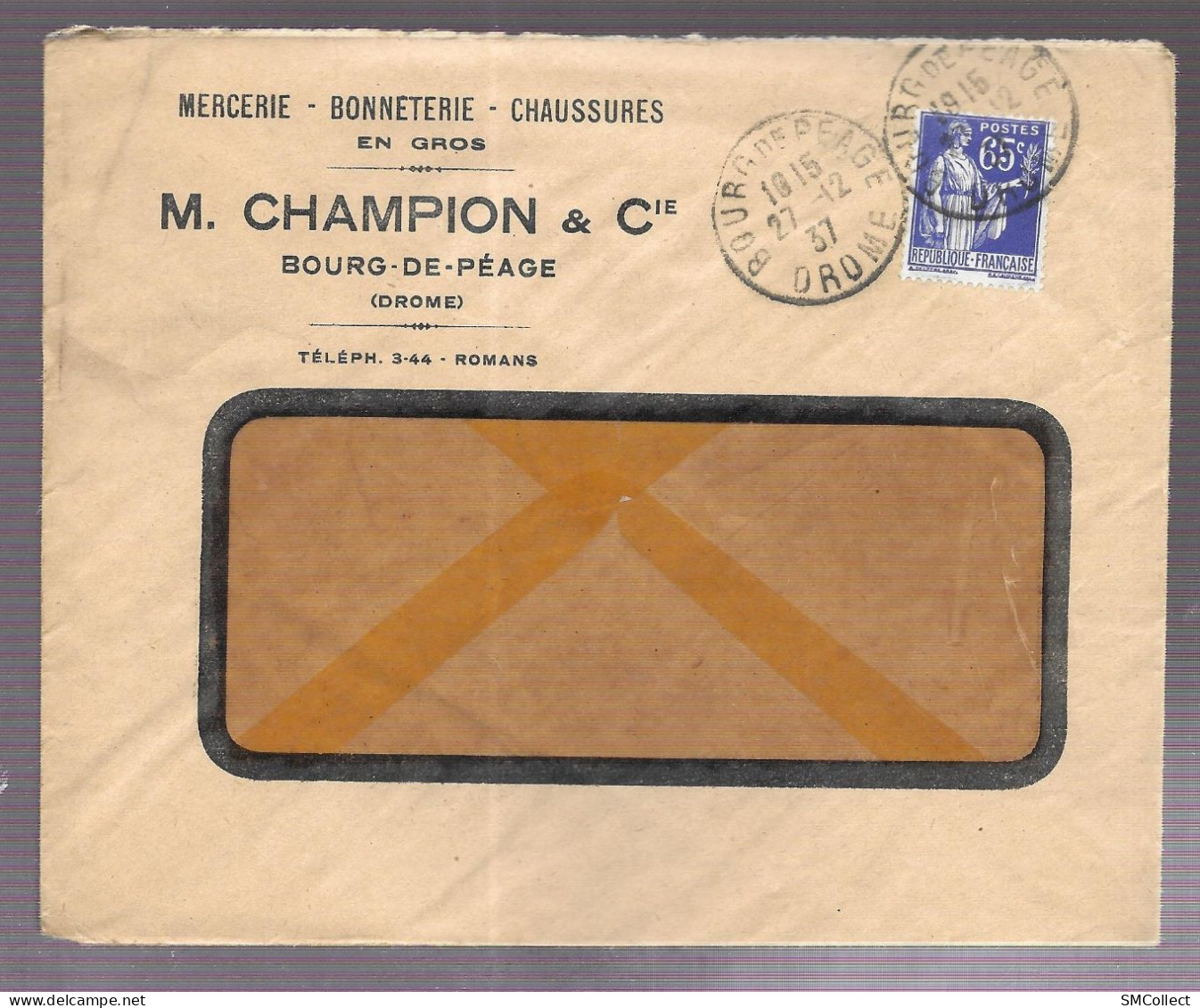 Bourg De Péage 1937. Enveloppe à En-tête De La Mercerie M. Champion & Cie (AS) - 1921-1960: Modern Period