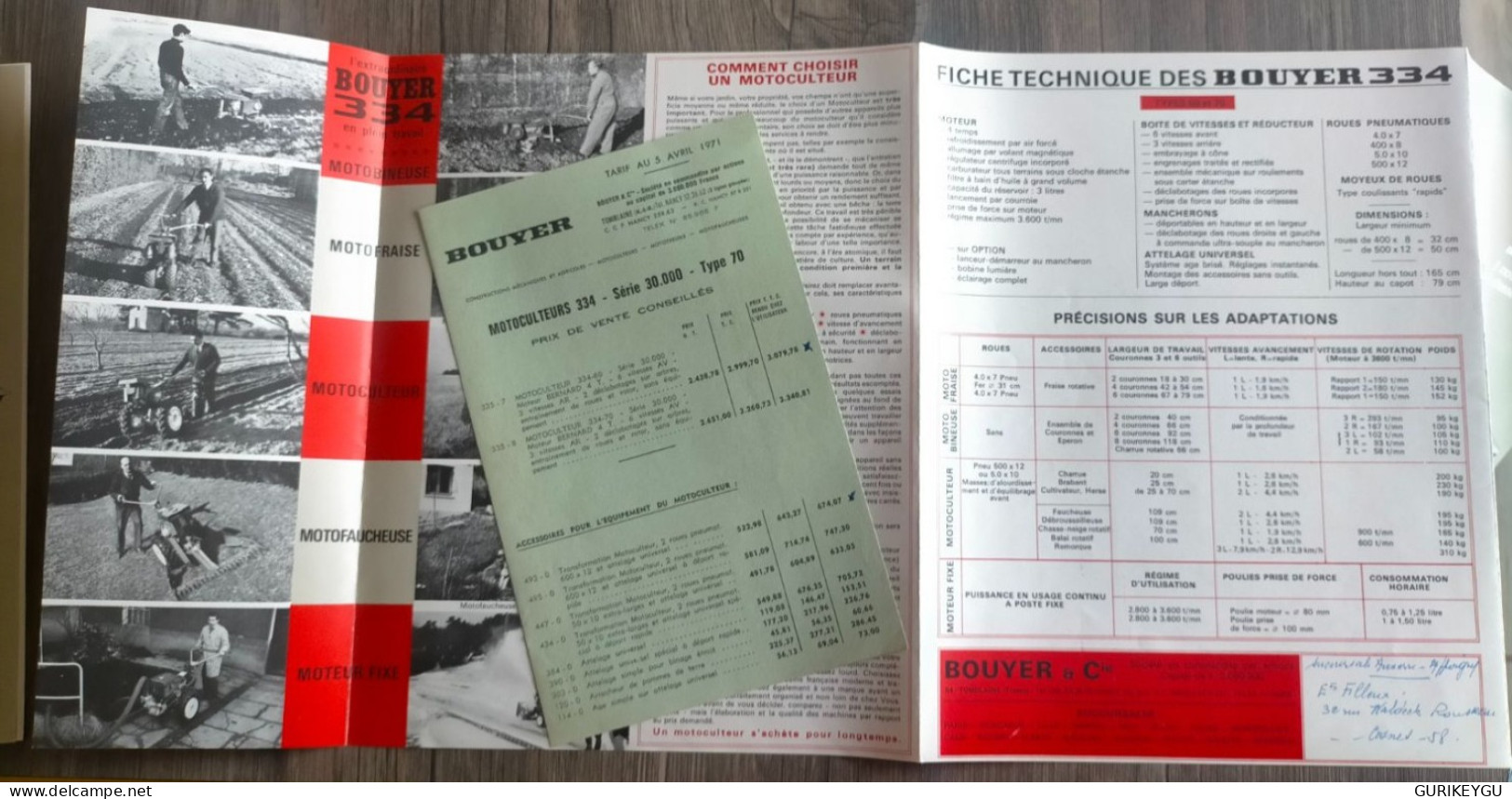Prospectus Brochure Flyer Motoculteur BOUYER 334 Modeles 60 Et 70 + Tarif 05/04/1971 Mautofaucheuse Motofraise NEUF - Andere & Zonder Classificatie