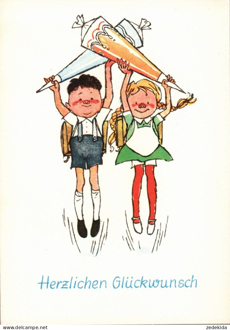 H1855 - Glückwunschkarte Schulanfang - Kinder Zuckertüte - Verlag Karl Marx Stadt DDR Grafik - Children's School Start