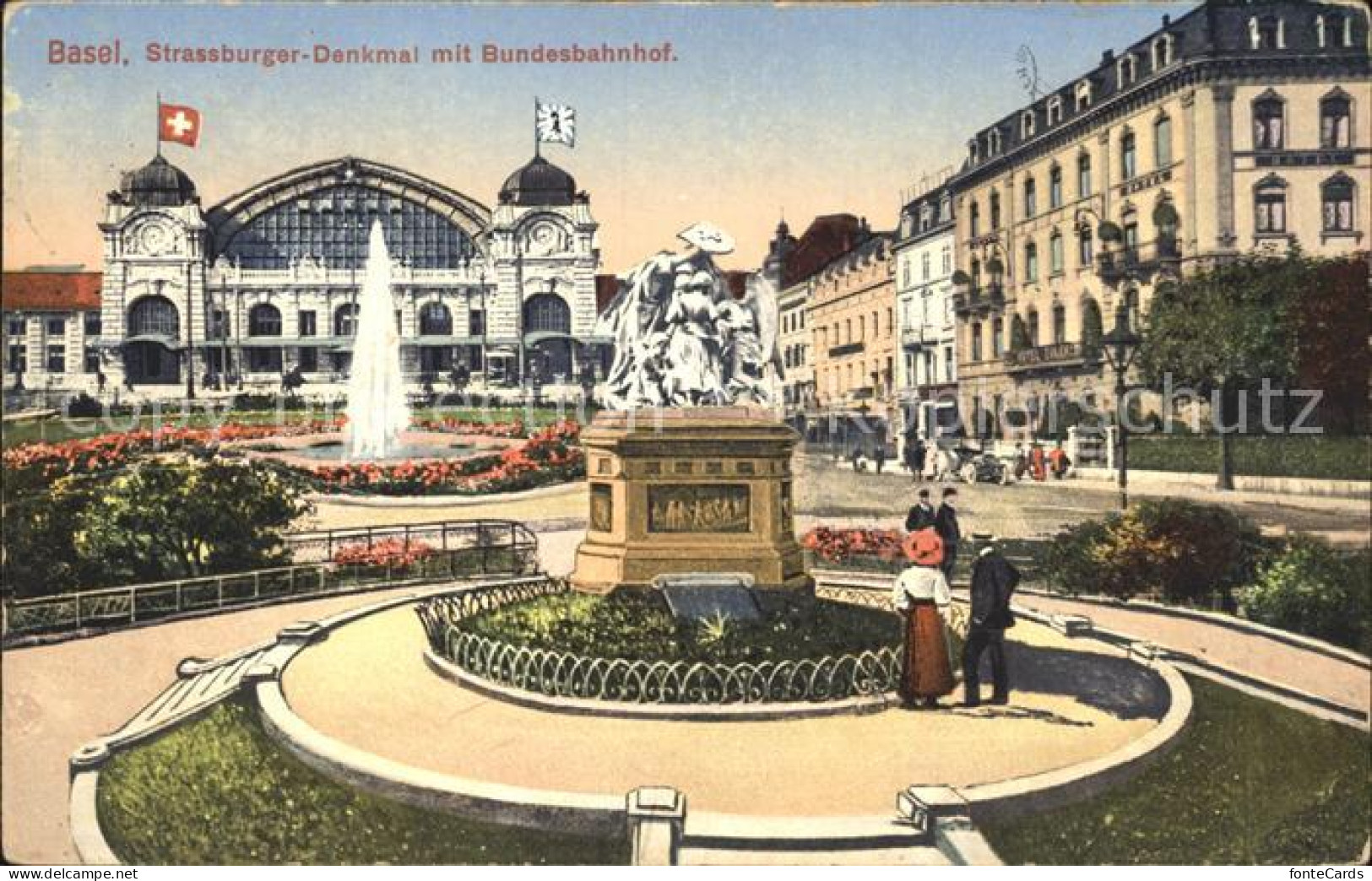 12041711 Basel BS Strassburger Denkmal Mit Bundesbahnhof Schweizer Flagge Fontae - Other & Unclassified