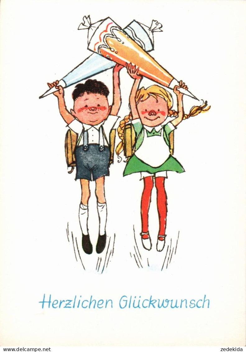 H1856 - Glückwunschkarte Schulanfang - Kinder Zuckertüte - Verlag Karl Marx Stadt DDR Grafik - Children's School Start