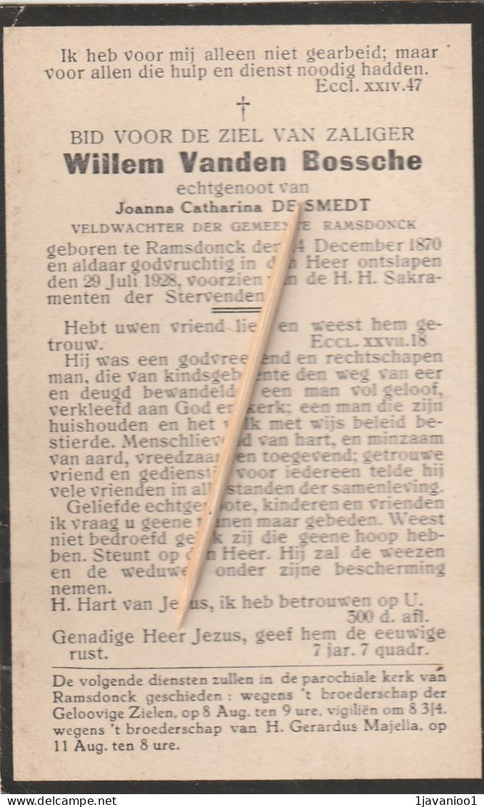 Ramsdonk, 1928, Willem Vanden Bossche, De Smedt, Veldwachter, Rijkswachter, - Andachtsbilder