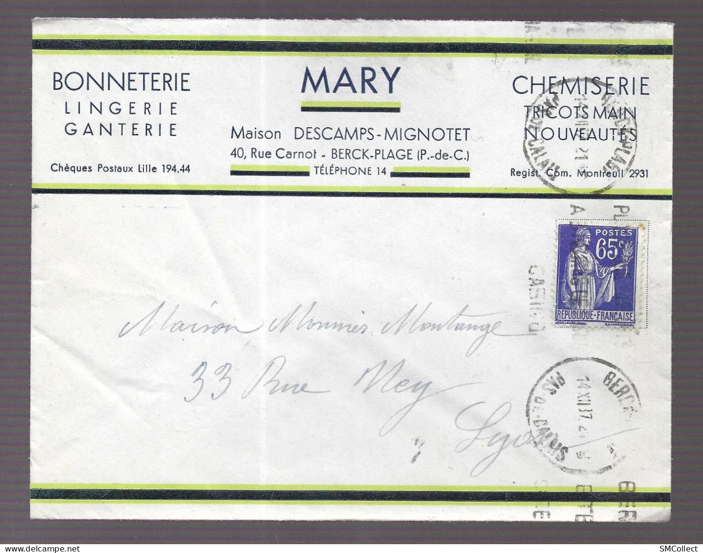 Berck Plage 1937. Enveloppe à En-tête De La Bonneterie Mary, Maison Descamps-Mignotet, Voyagée Vers Lyon (AS) - 1921-1960: Modern Period