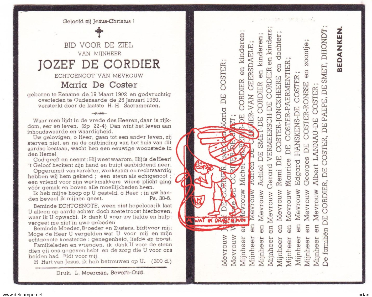 DP Jozef De Cordier ° Ename 1902† Oudenaarde 1950 DeCoster Moreels Van Geersdaele Jonckheere Paermentier Hanskens Lannau - Devotieprenten