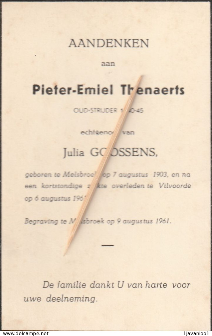 Melsbroek, Vilvoorde, Pieter Thenaerts, Goossens, Oudstrijder : 1940-45 - Imágenes Religiosas