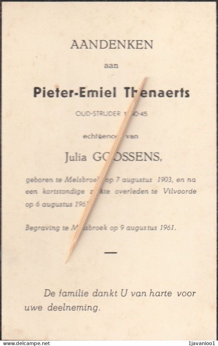 Melsbroek, Vilvoorde, Pieter Thenaerts, Goossens, Oudstrijder : 1940-45 - Devotieprenten