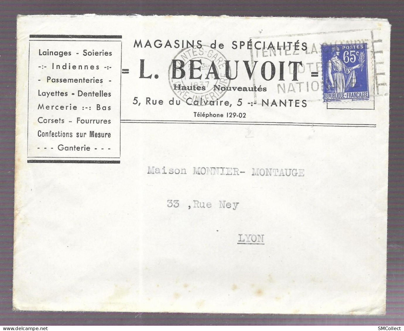 Nantes 1937. Enveloppe à En-tête Des Magasins De Spécialités L. Beauvoit, Voyagée Vers Lyon (AS) - 1921-1960: Modern Period