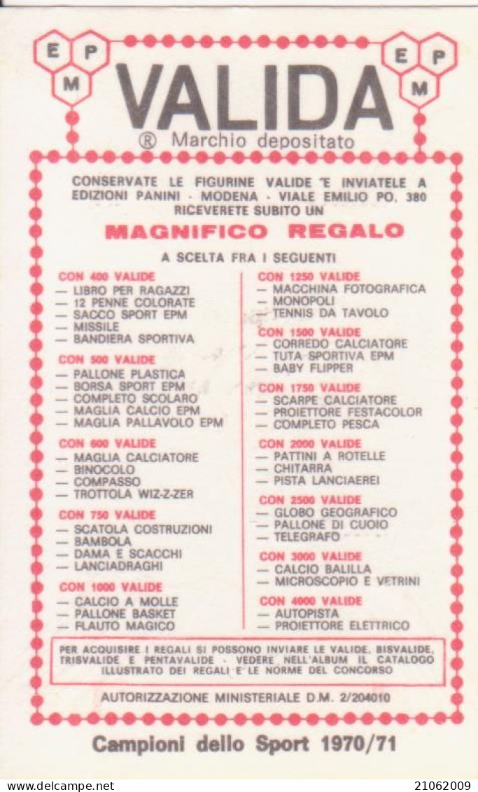 336 ENNIO MATTARELLI - TIRO - VALIDA - CAMPIONI DELLO SPORT PANINI 1970-71 - Sonstige & Ohne Zuordnung