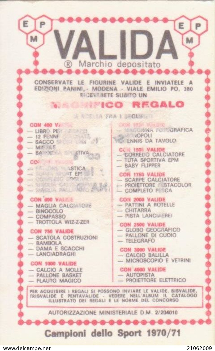 356 EDILIO TRENTINI - PESCA SUBACQUEA - VALIDA - CAMPIONI DELLO SPORT PANINI 1970-71 - Andere & Zonder Classificatie