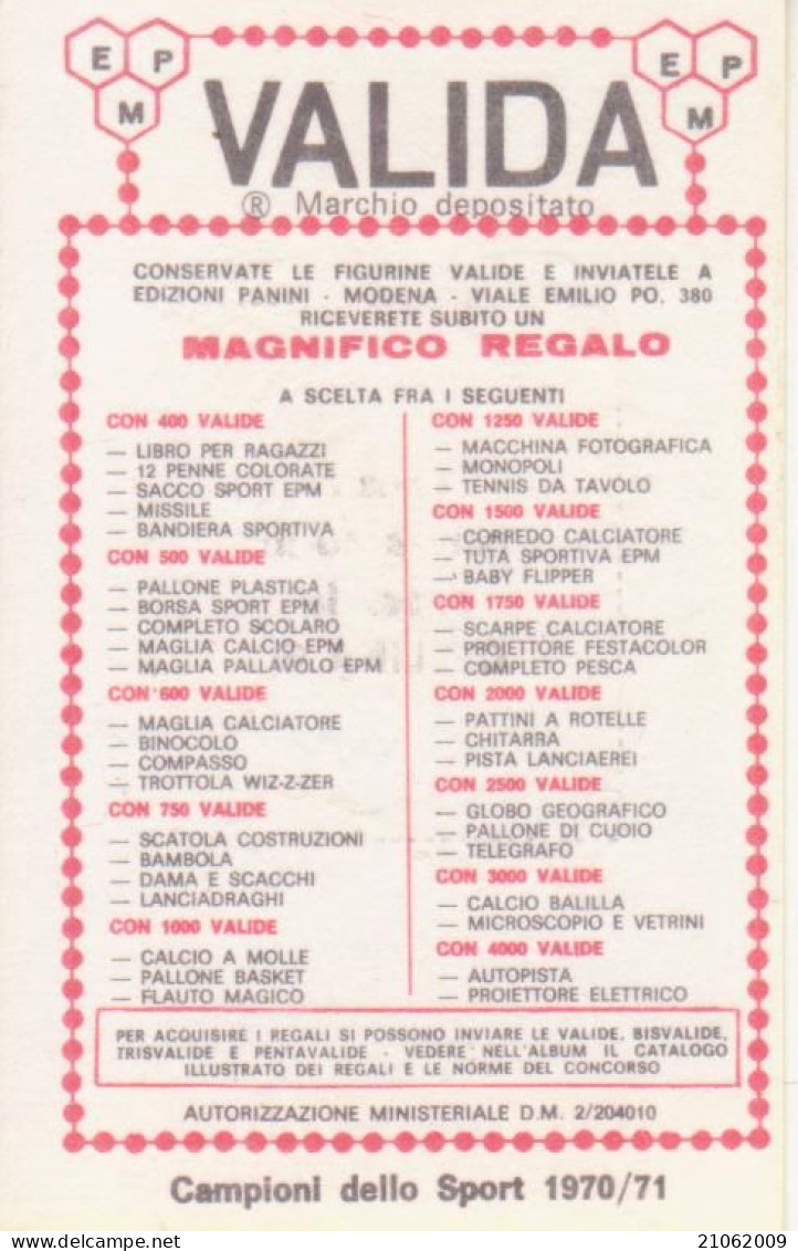 207 ROBERTO BRUNELLI - MOTONAUTICA - VALIDA - CAMPIONI DELLO SPORT PANINI 1970-71 - Autres & Non Classés