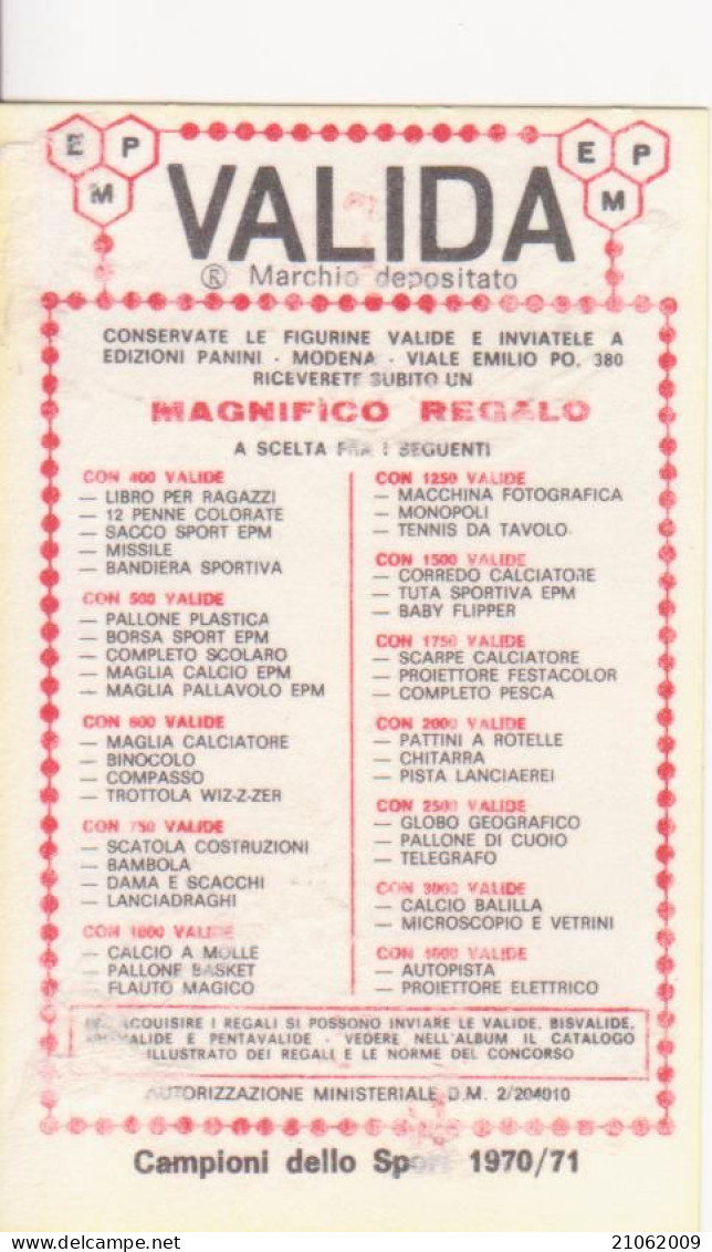 224 BRUNA ROSSI - TUFFI - VALIDA - CAMPIONI DELLO SPORT PANINI 1970-71 - Autres & Non Classés
