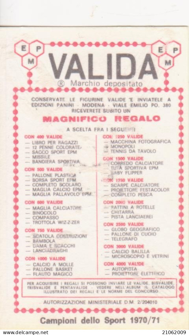 193 BRUNO GHEDINA - HOCKEY SU GHIACCIO - VALIDA - CAMPIONI DELLO SPORT PANINI 1970-71 - Sports D'hiver