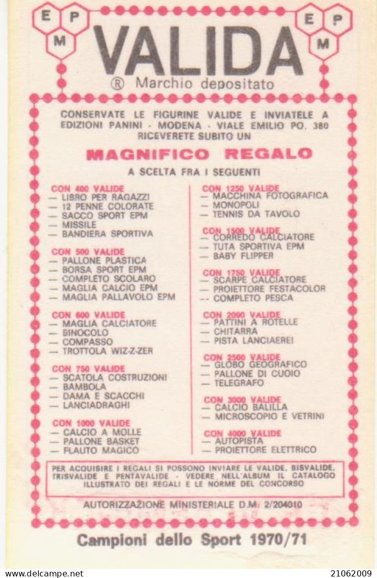 160 ROGER DE VLAEMINCK - CICLISMO - VALIDA - CAMPIONI DELLO SPORT PANINI 1970-71 - Radsport