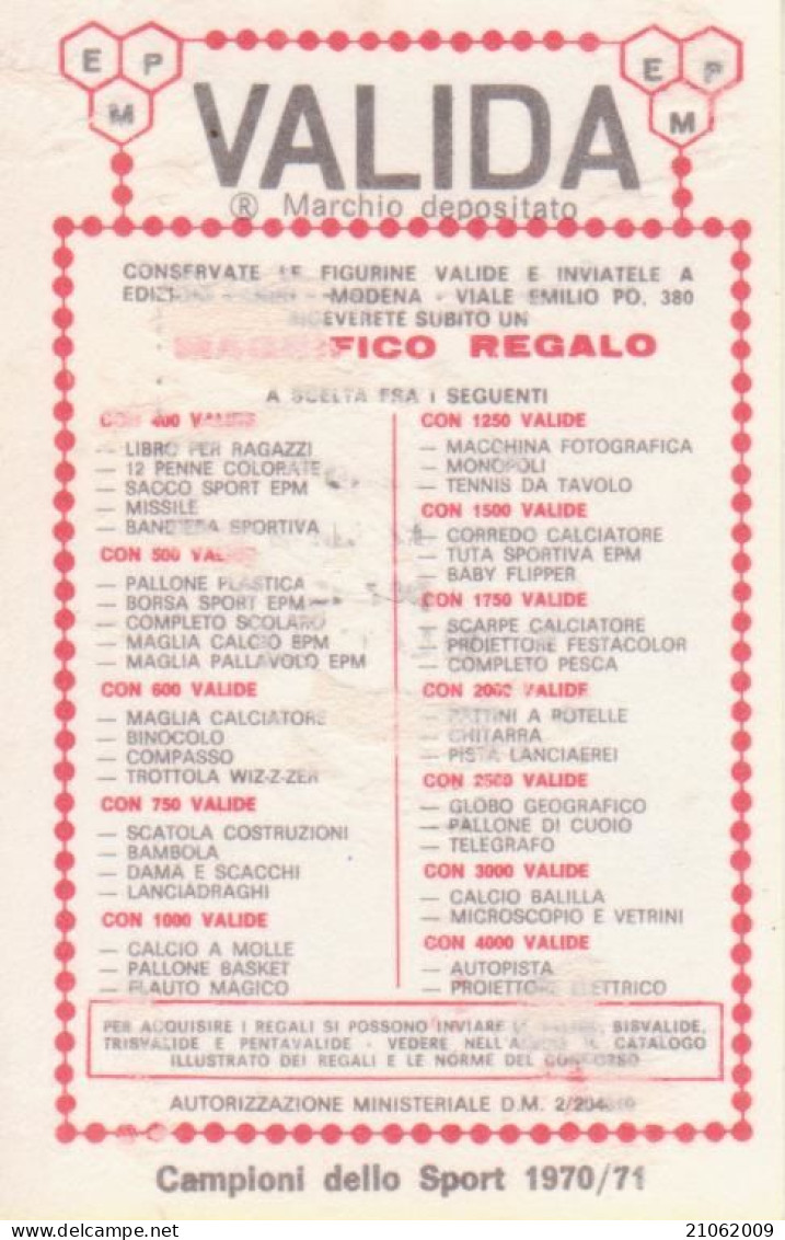 127 UGO COLOMBO - CICLISMO - VALIDA - CAMPIONI DELLO SPORT PANINI 1970-71 - Cycling