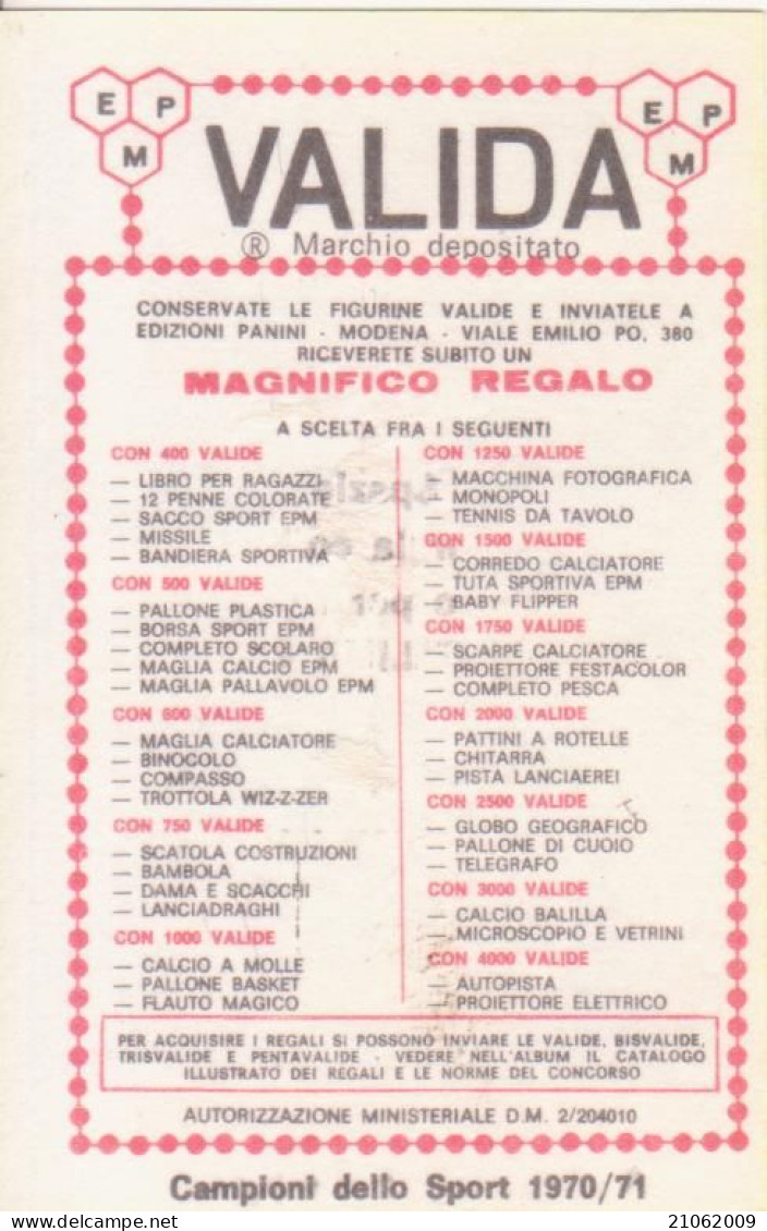 142 ADRIANO PELLA - CICLISMO - VALIDA - CAMPIONI DELLO SPORT PANINI 1970-71 - Wielrennen