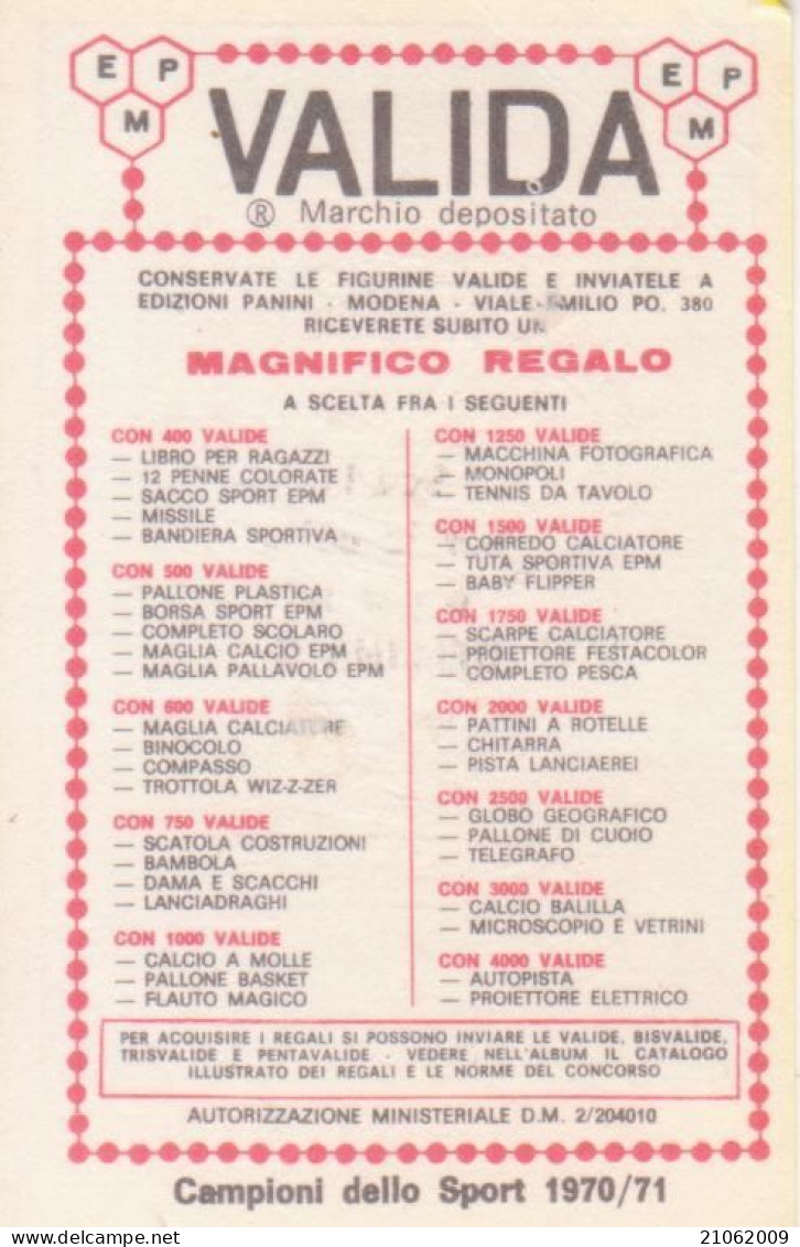 80 ROBERTO ROSATO - MILAN - NAZIONALE ITALIANA CALCIO - VALIDA - CAMPIONI DELLO SPORT PANINI 1970-71 - Tarjetas