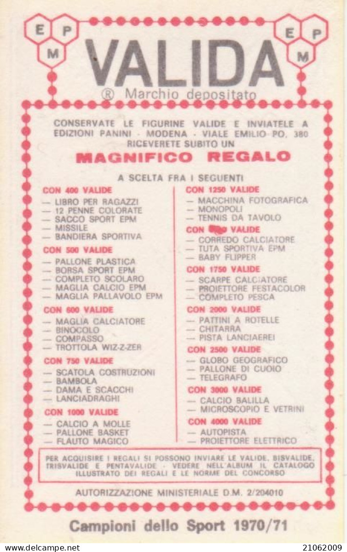 46 LOTTA - GIUSEPPE BOGNANNI - VALIDA - CAMPIONI DELLO SPORT PANINI 1970-71 - Trading-Karten