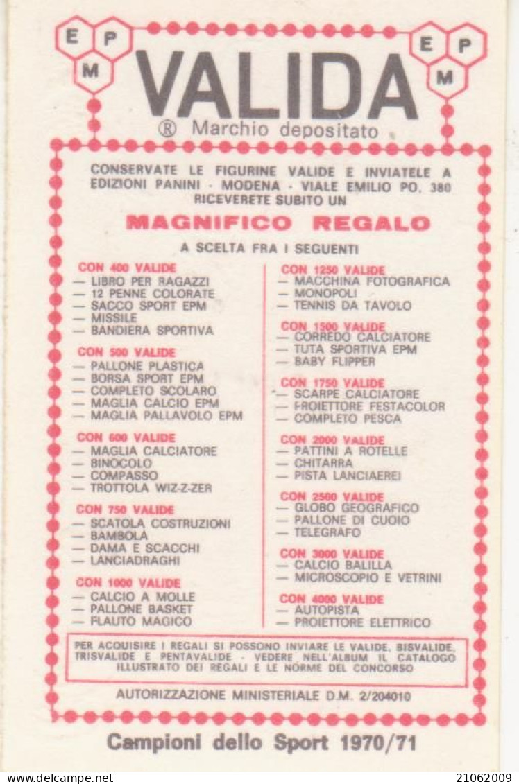 2 ATLETICA LEGGERA - ENNIO PREATONI - VALIDA - CAMPIONI DELLO SPORT PANINI 1970-71 - Athlétisme