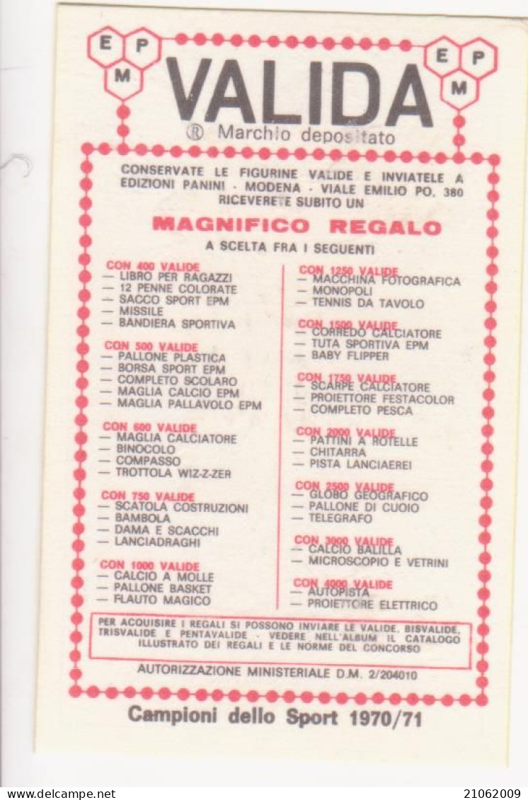 4 ATLETICA LEGGERA - CLAUDIO TRACHELIO - VALIDA - CAMPIONI DELLO SPORT PANINI 1970-71 - Athlétisme