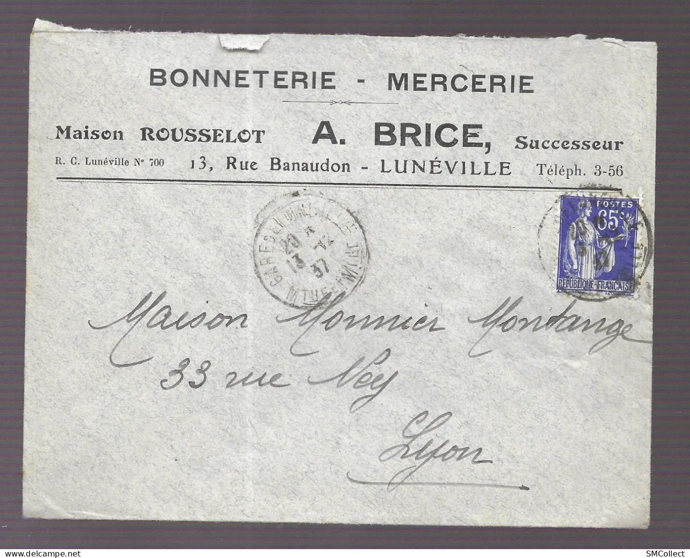 Lunéville 1937. Enveloppe à En-tête De La Bonneterie Mercerie A. Brice, Voyagée Vers Lyon (AS) - 1921-1960: Modern Period