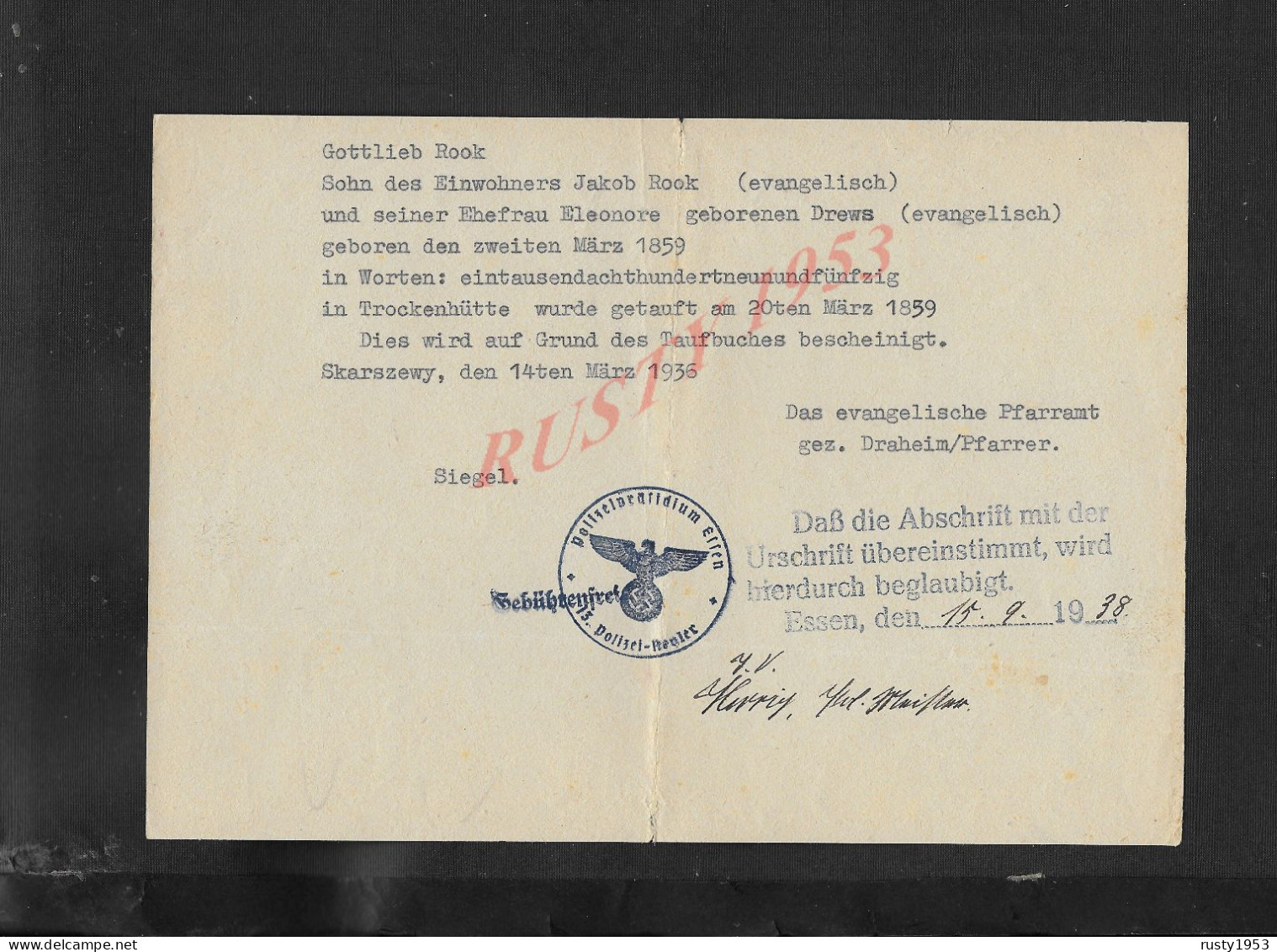 ALLEMAGNE DOCUMENT DE ESSEN 1938 AVEC CACHET LIRE DESCRIPTION: - 1900 – 1949