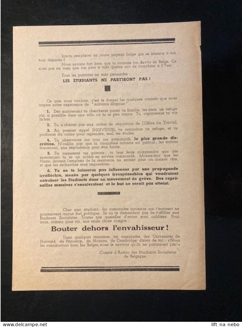 Tract Presse Clandestine Résistance Belge WWII WW2 'Parti Socialiste Belge / Comité D'Action Des Etudiants Socialistes.. - Documentos