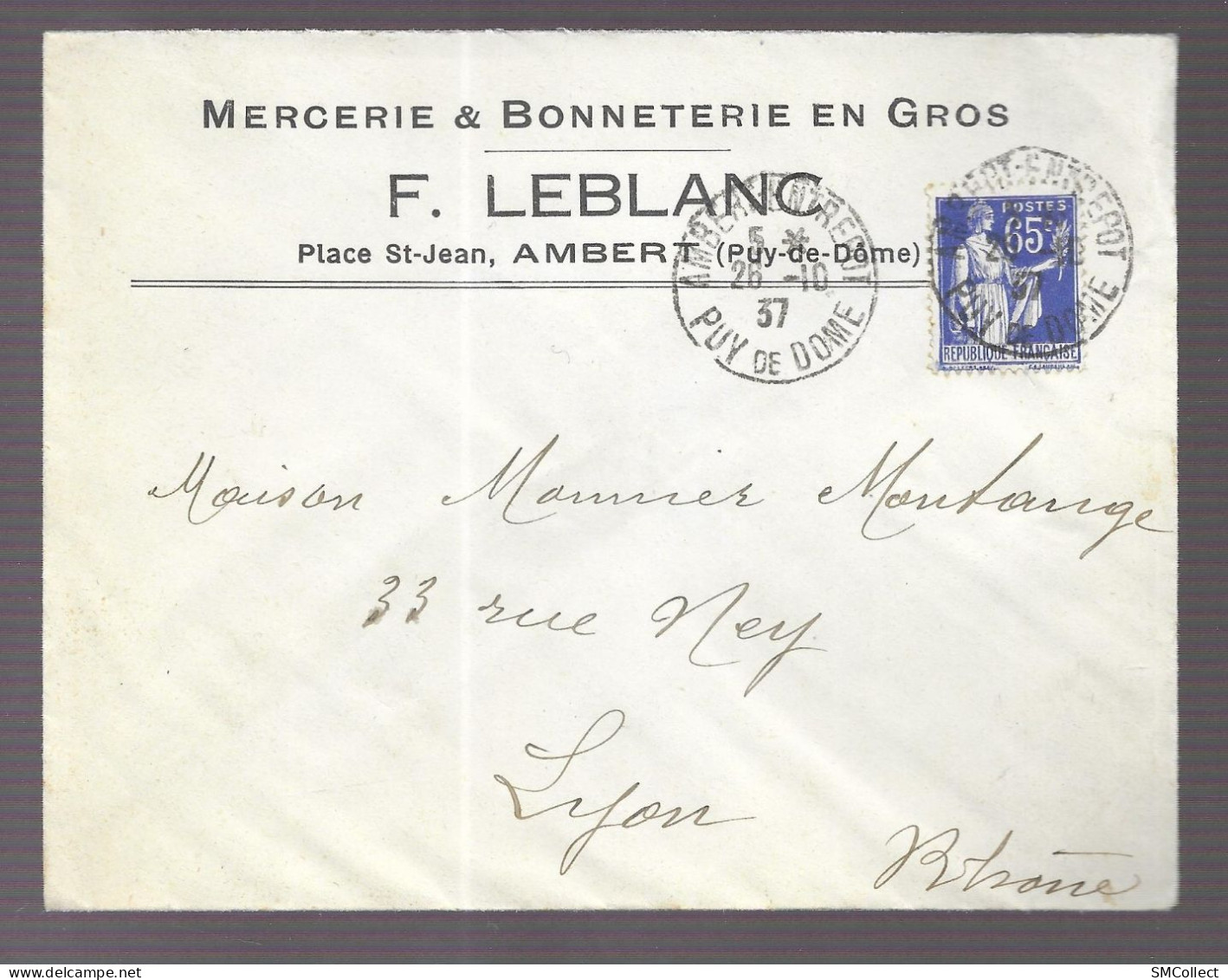 Ambert 1937. Enveloppe à En-tête De La Bonneterie Mercerie F. Leblanc, Voyagée Vers Lyon (AS) - 1921-1960: Modern Period