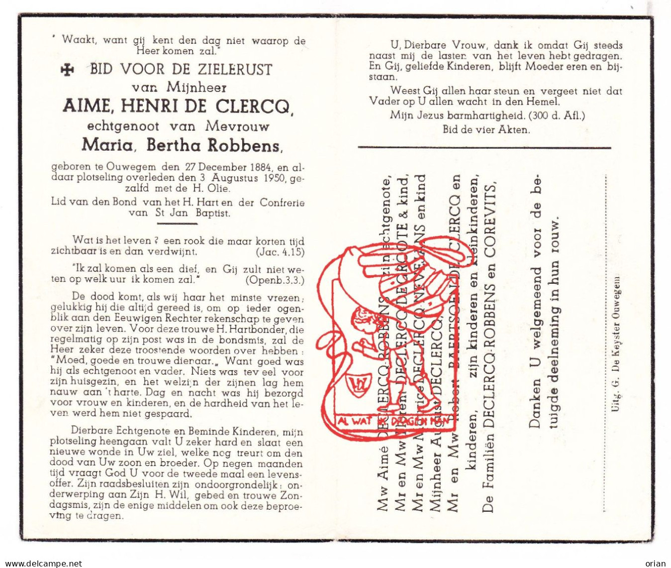 DP Aime Henri De Clercq ° Ouwegem Zingem 1884 † 1950 X Maria Robbens // De Groote Nevejans Baertsoen Corevits Coorevits - Devotieprenten