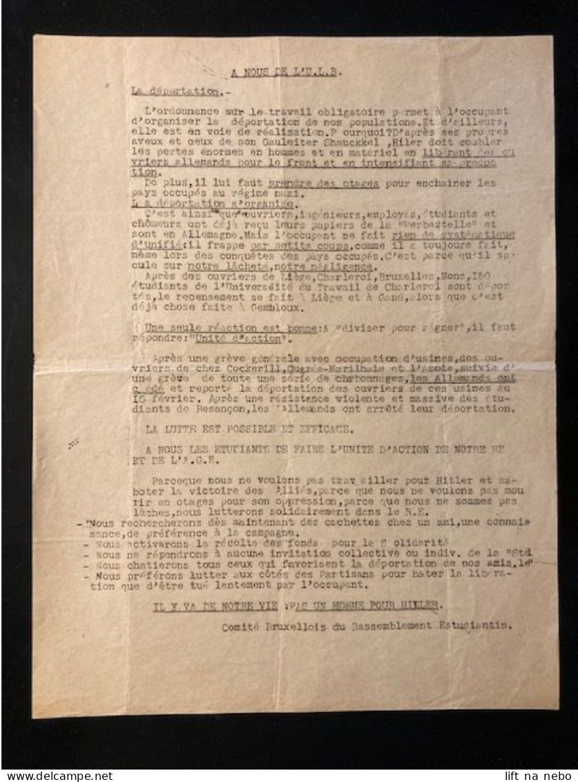 Tract Presse Clandestine Résistance Belge WWII WW2 'A Nous De L'ULB' La Déportation. L'ordonnance Sur Le Travail... - Documents