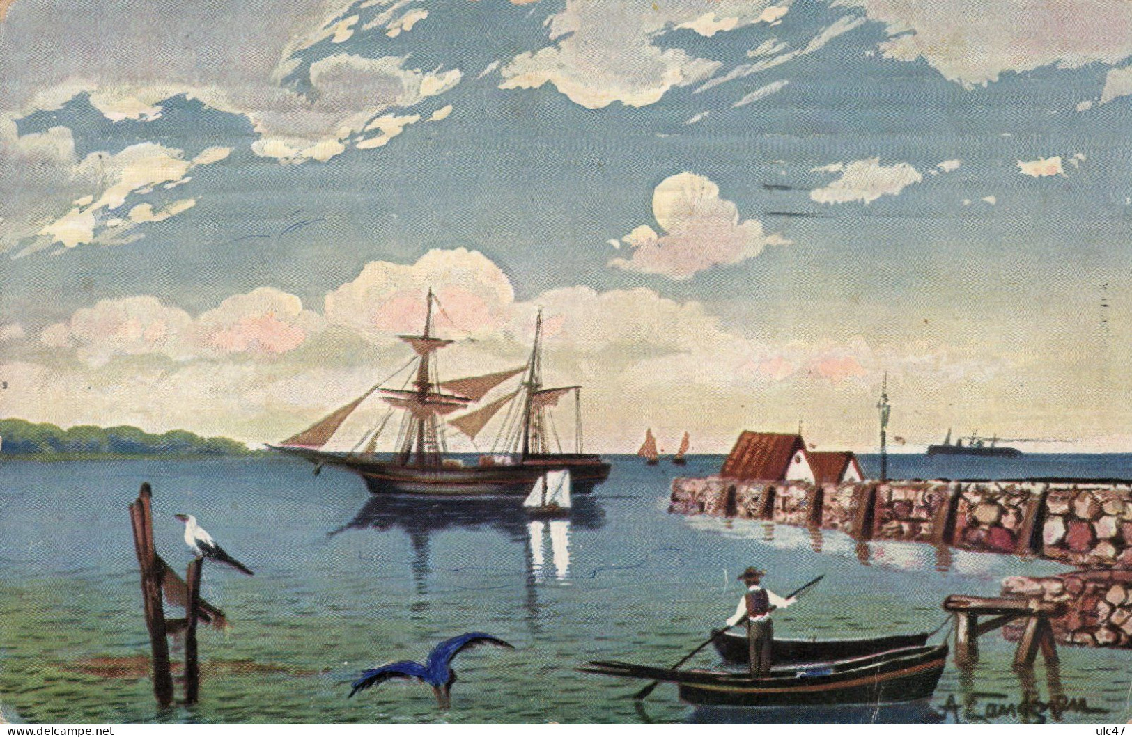 - Paysage Au Bord De Mer (signé).  - Voiliers, Barque Avec Un Homme Qui Godille, Oiseaux. - Scan Verso - - Paintings