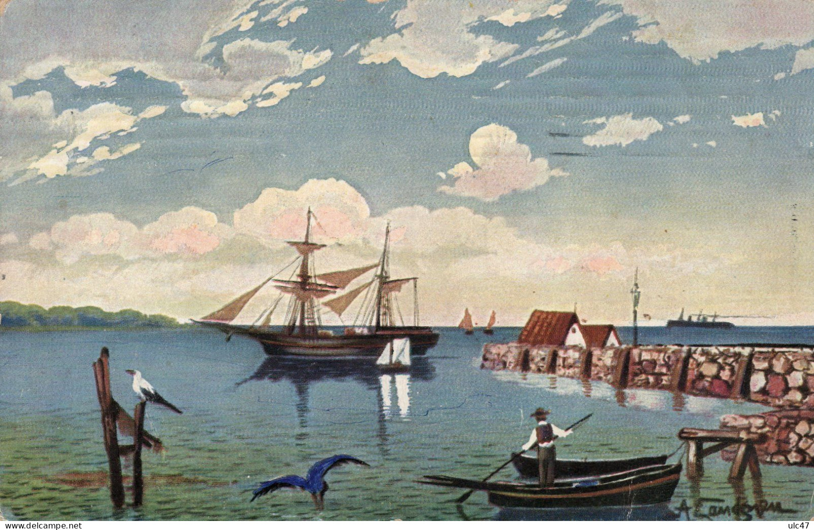 - Paysage Au Bord De Mer (signé).  - Voiliers, Barque Avec Un Homme Qui Godille, Oiseaux. - Scan Verso - - Peintures & Tableaux