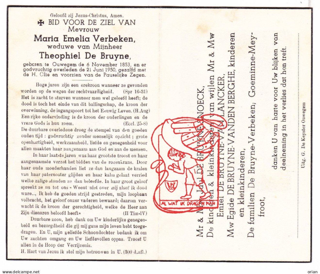 DP Maria Verbeken ° Ouwegem Zingem 1853 † 1950 X Theophiel De Bruyne / Snoeck Van Lancker Vandenberghe Goeminne Meyfroot - Andachtsbilder