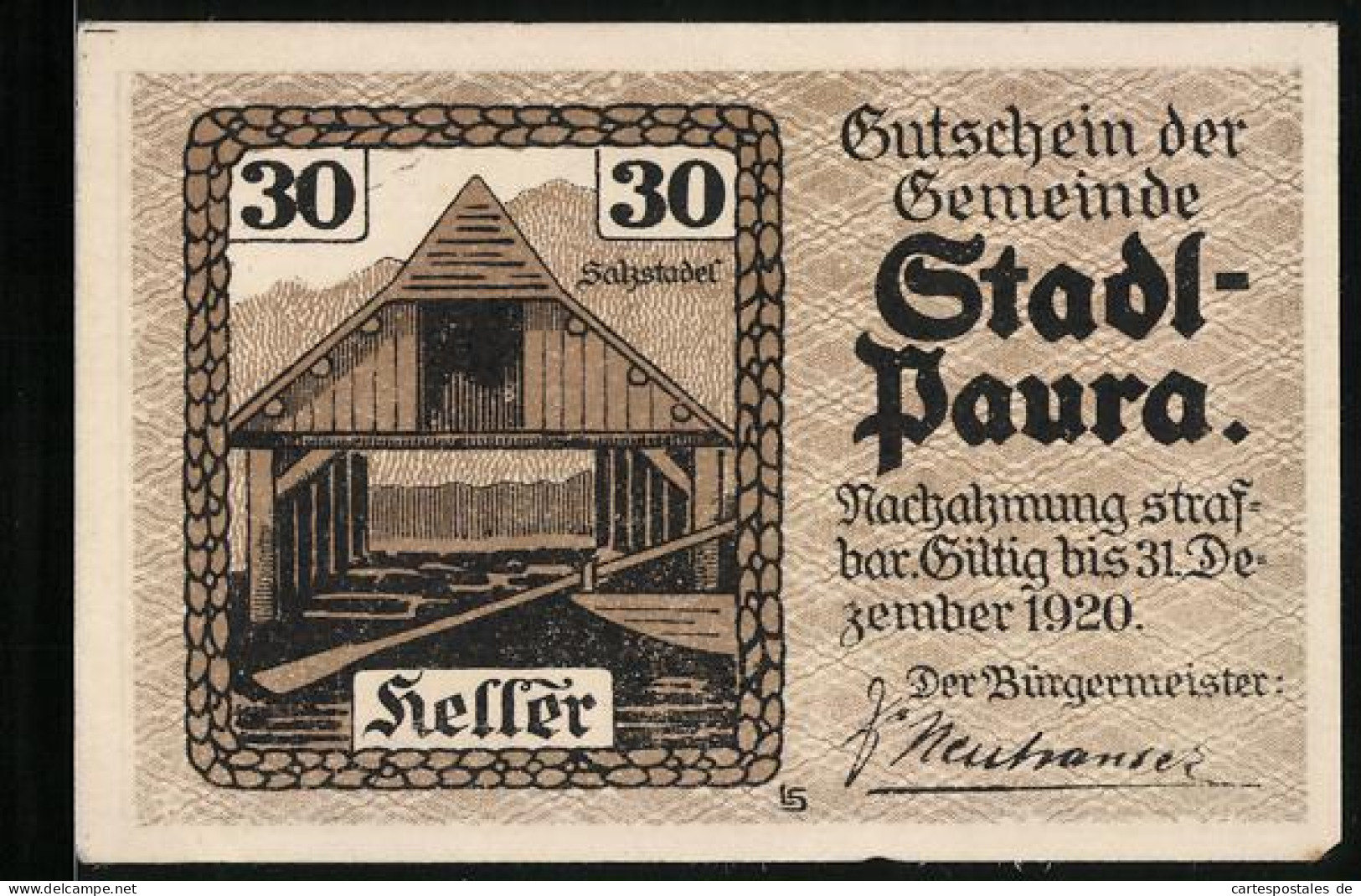 Notgeld Stadl-Paura 1920, 30 Heller, Salzstadel Mit Ruderboot  - Oesterreich