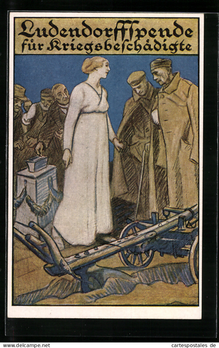 AK Spende Für Kriegsbeschädigte, Eine Dame Redet Mit Einem Kriegsbeschädigtem, Eine Feldmaschine  - War 1914-18