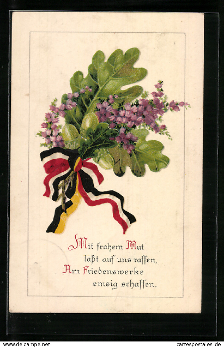 AK Eichenblatt Und Blumenstrauss Gebunden Mit Den Farben Vom Zweibund  - War 1914-18