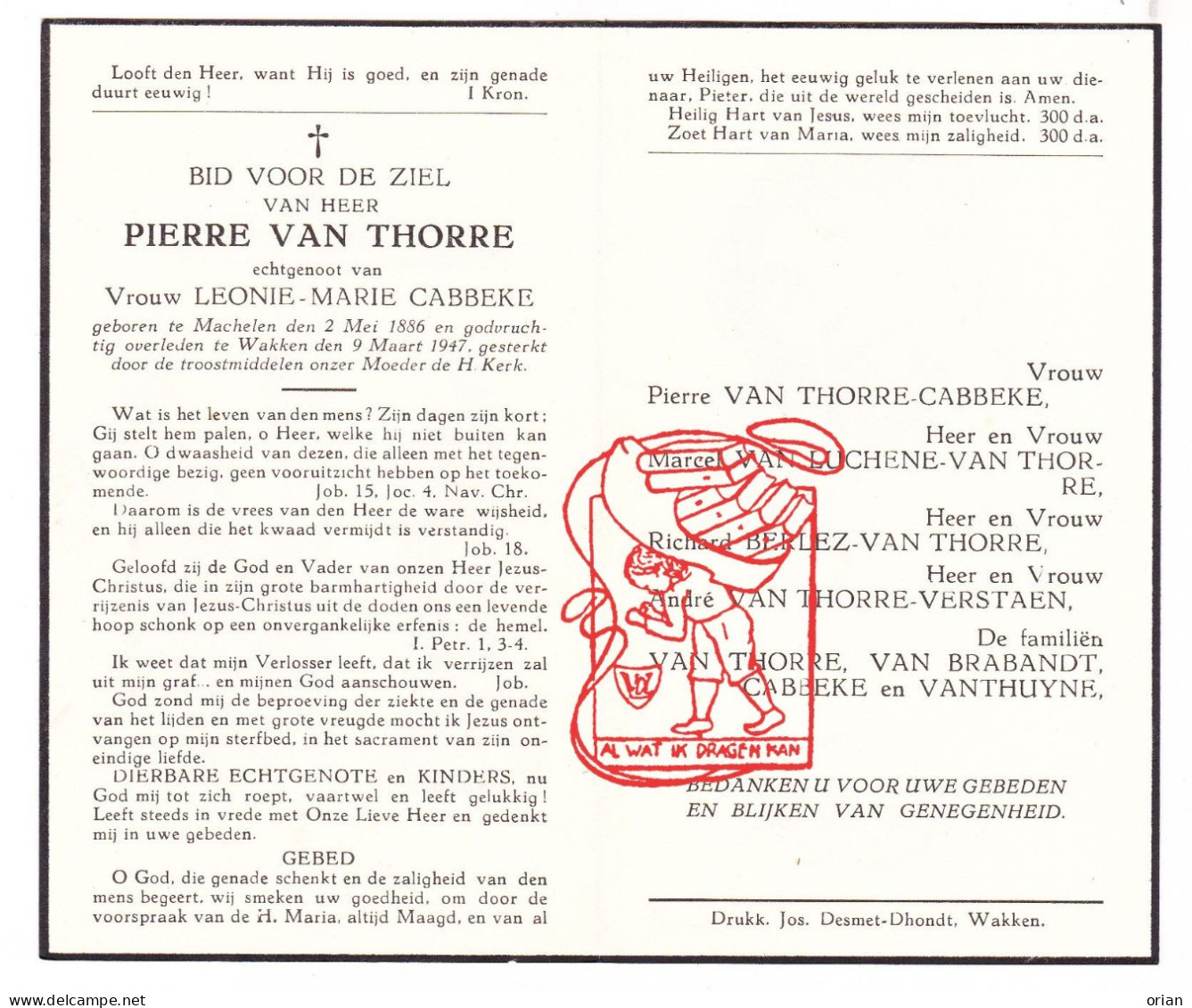 DP Pierre Van Thorre ° Machelen Zulte 1886 † Wakken Dentergem 1947 Cabbeke Van Luchene Berlez Verstaen Brabandt Thuyne - Devotieprenten