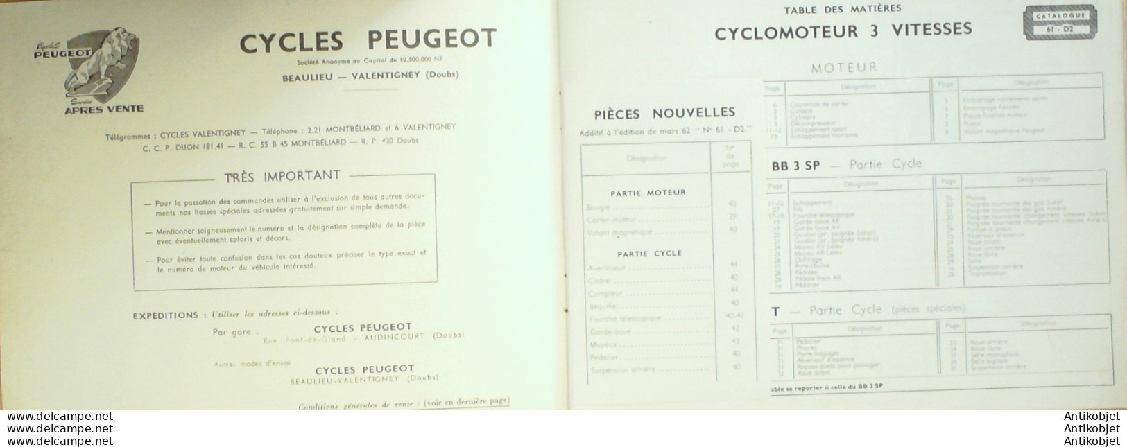 PEUGEOT B B 3 (Cyclomoteur 3 Vitesses Accessoires) 1963 - 1900 – 1949