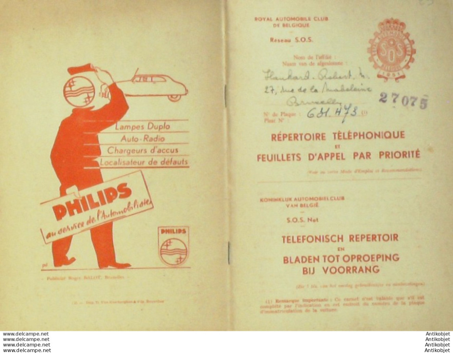 Royal Automobile Club Belgique Répertoire Téléphonique 1951 - 1900 – 1949